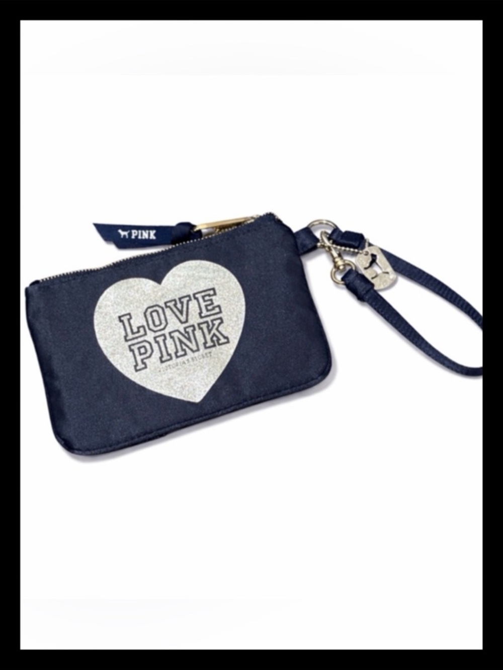 💕ⓅⒾⓃⓀ ⓋⓈ RARE/HTF/Y2K Navy/Silver “LOVE PINK” Heart Wristlet Pouch LIKE NEW💕